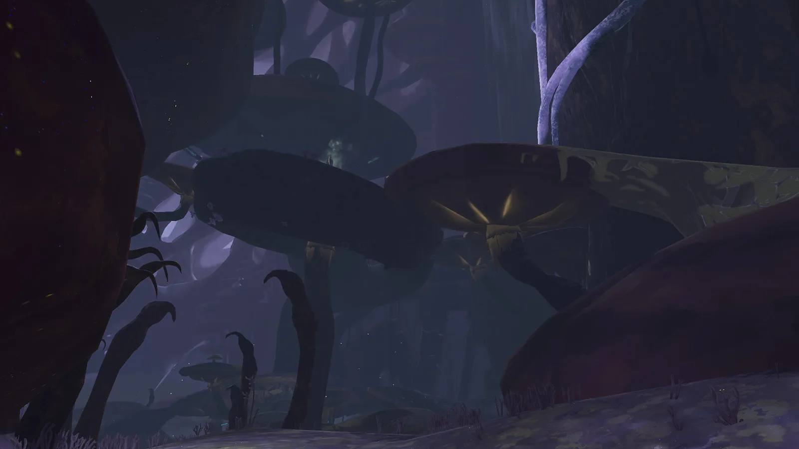 Damp Caverns showing giant mushroom caps above the cavern floor