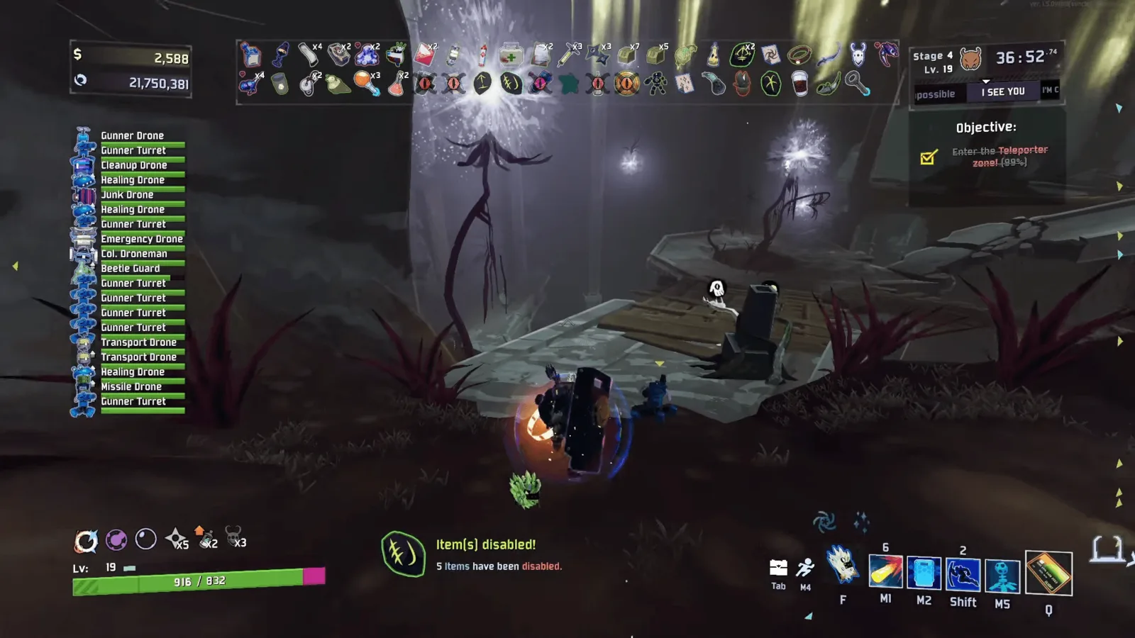 Hex of Loss penalty message showing five disabled items during a run