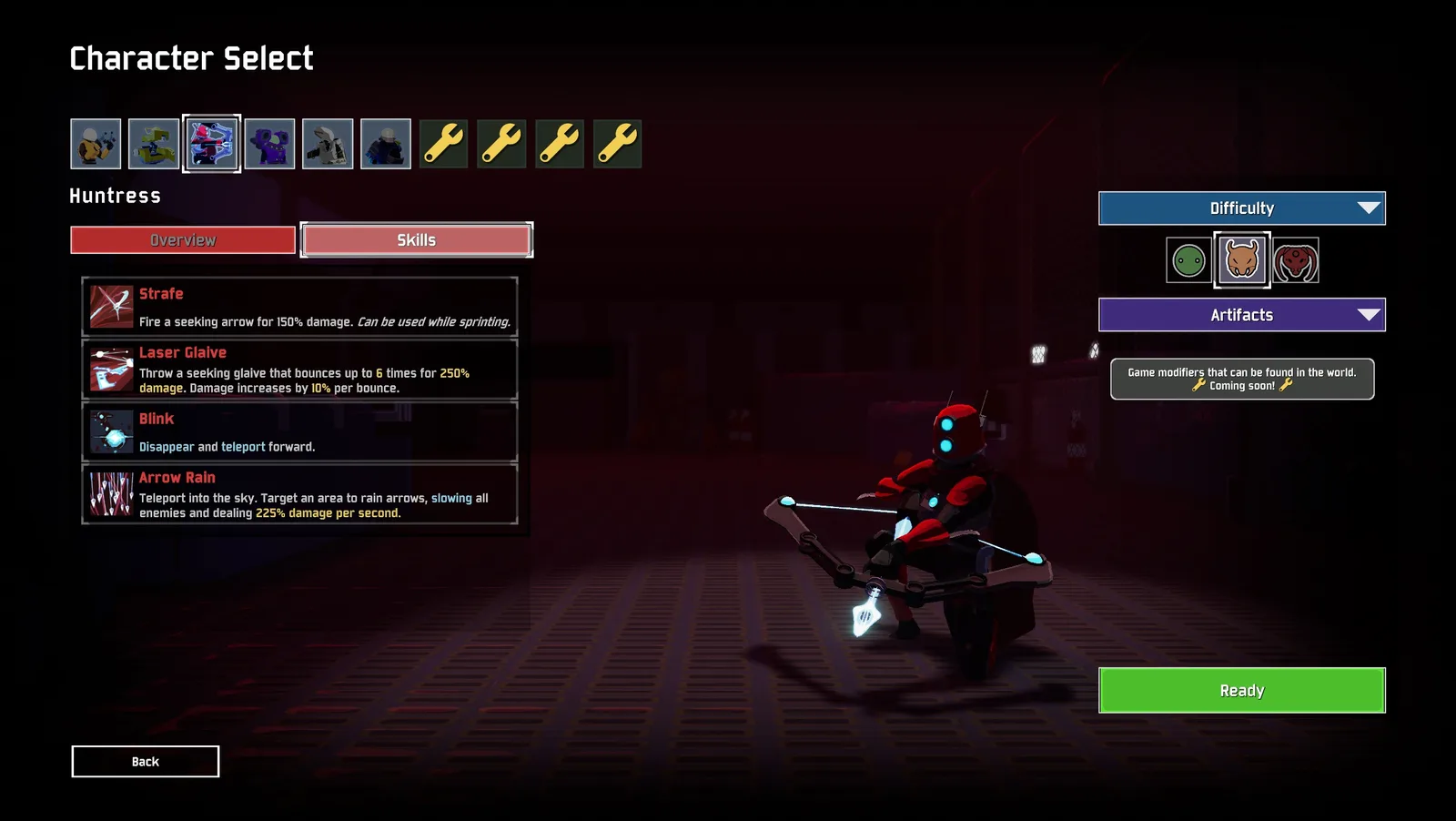 Huntress in red armor holding a bow in the survivor selection screen