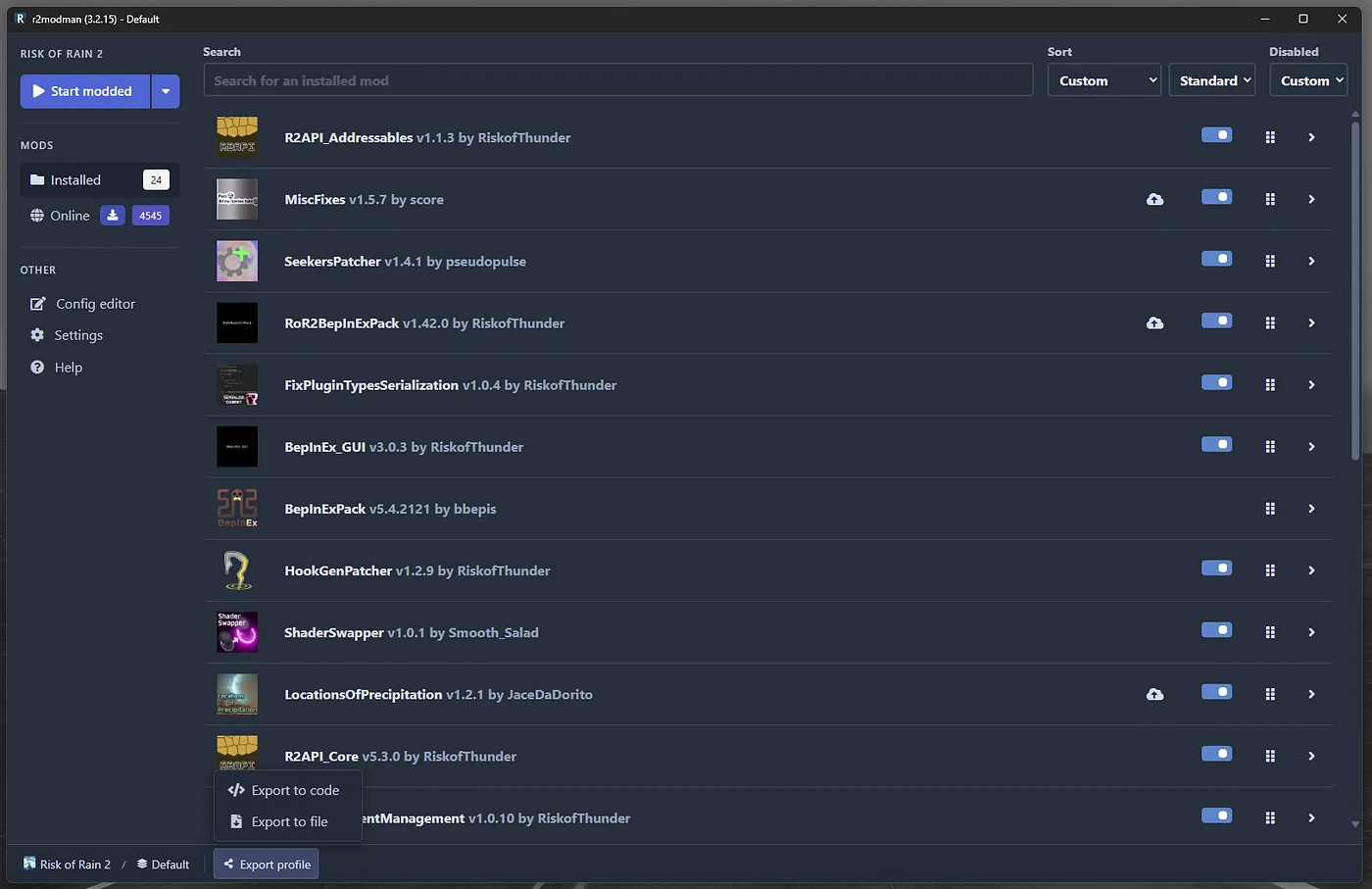 r2modman installed-mod list with Start modded and Export profile controls